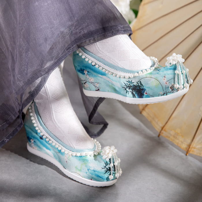Tie-dye Floral Print Pearl Decor Shoes