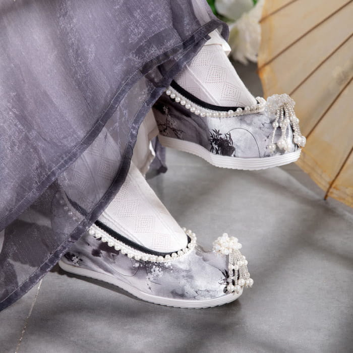 Tie-dye Floral Print Pearl Decor Shoes - Black / 35