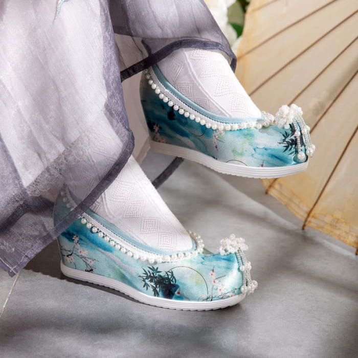 Tie-dye Floral Print Pearl Decor Shoes - Blue / 35