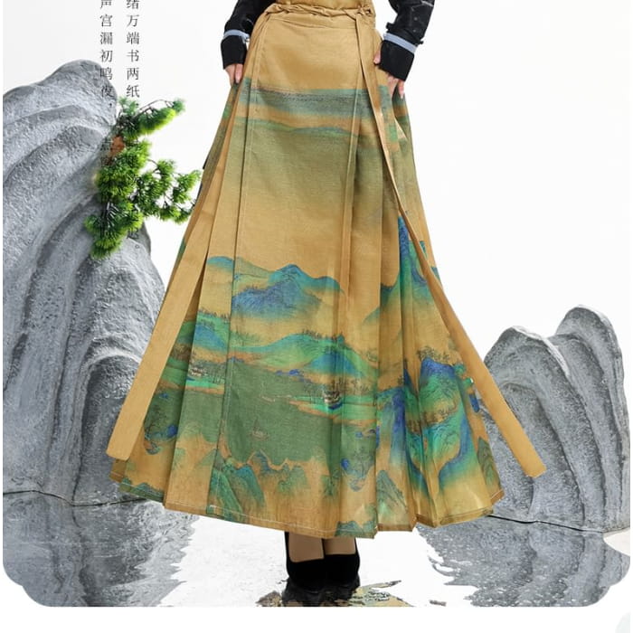 Tie Neck Hanfu Top / Mid Rise Print Maxi Skirt / Set