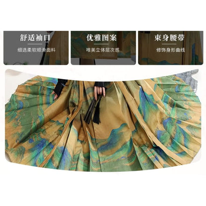 Tie Neck Hanfu Top / Mid Rise Print Maxi Skirt / Set