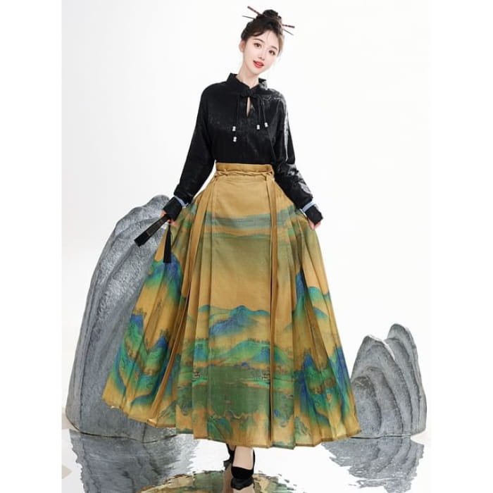 Tie Neck Hanfu Top / Mid Rise Print Maxi Skirt / Set - of 2