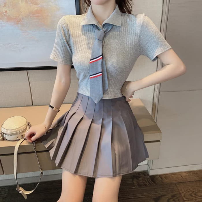 Tie Polo T-Shirt Crop Top Pleated Skirt Set