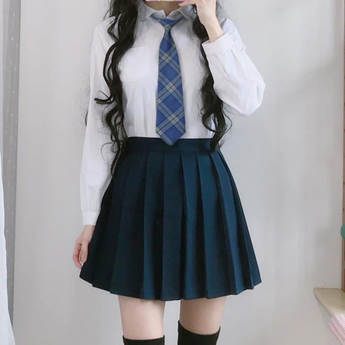 Tie Shirt Pleated Skirt Stockings College Style Set - Long