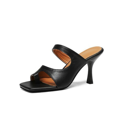 Toe Loop Cutout High Heel Slide Sandals - Black / 32