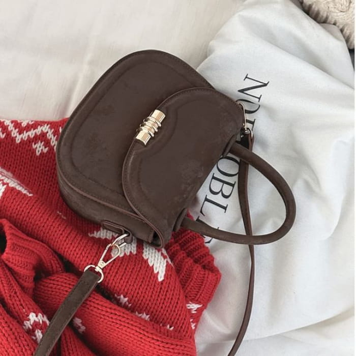 Top Handle Faux Leather Flap Crossbody Bag - Coffee