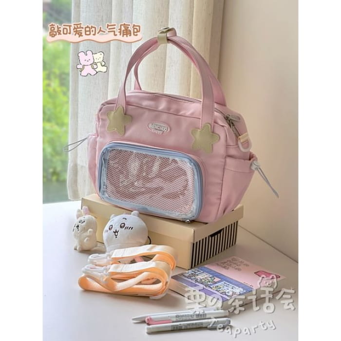 Top Handle PVC Panel Crossbody Bag / Charm / Set - Pink