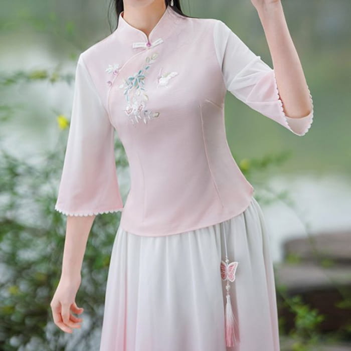 Traditional Chinese 3/4-Sleeve Top / High Rise Midi A-Line