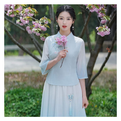 Traditional Chinese 3/4-Sleeve Top / High Rise Midi A-Line