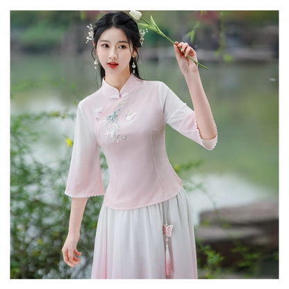 Traditional Chinese 3/4-Sleeve Top / High Rise Midi A-Line