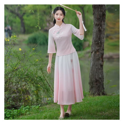 Traditional Chinese 3/4-Sleeve Top / High Rise Midi A-Line