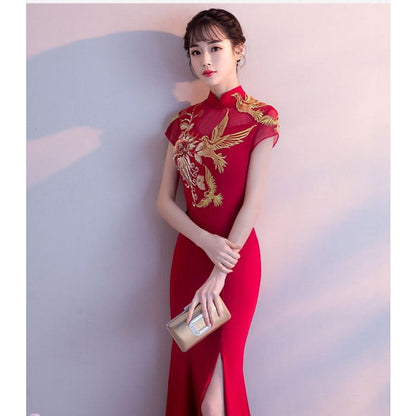 Traditional Chinese Cap-Sleeve Embroidered Mermaid Evening