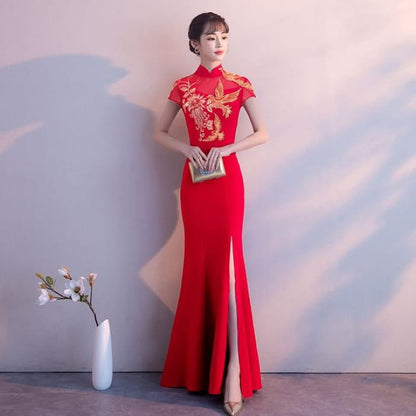 Traditional Chinese Cap-Sleeve Embroidered Mermaid Evening