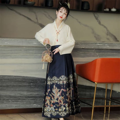 Traditional Chinese Long - Set - Shirt & Skirt - Blue / S