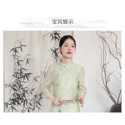 Traditional Chinese Long-Sleeve Print Maxi A-Line Dress