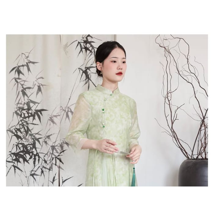 Traditional Chinese Long-Sleeve Print Maxi A-Line Dress