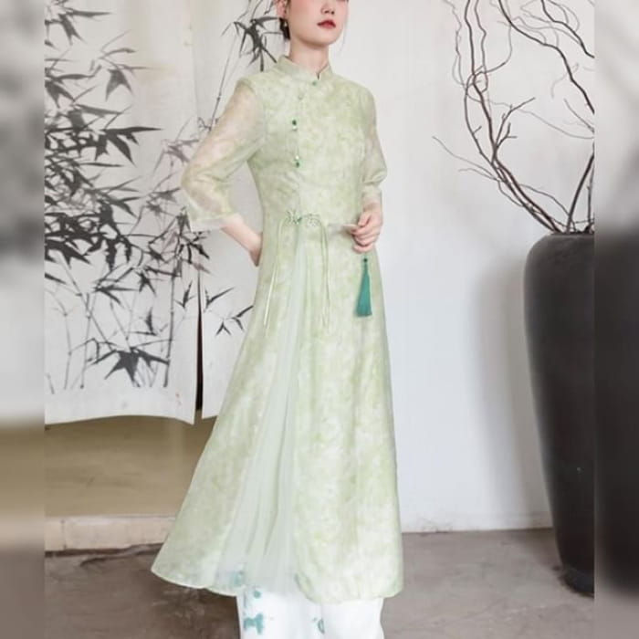 Traditional Chinese Long-Sleeve Print Maxi A-Line Dress