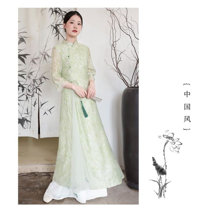 Traditional Chinese Long-Sleeve Print Maxi A-Line Dress