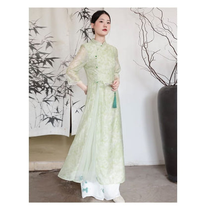 Traditional Chinese Long-Sleeve Print Maxi A-Line Dress