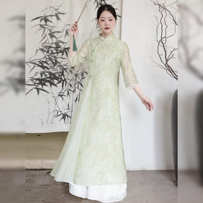 Traditional Chinese Long-Sleeve Print Maxi A-Line Dress