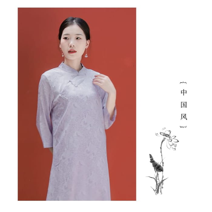 Traditional Chinese Long-Sleeve Print Maxi A-Line Dress