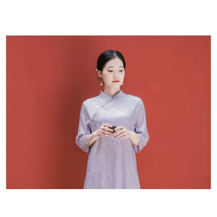 Traditional Chinese Long-Sleeve Print Maxi A-Line Dress