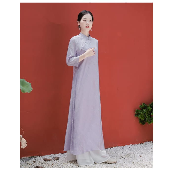 Traditional Chinese Long-Sleeve Print Maxi A-Line Dress