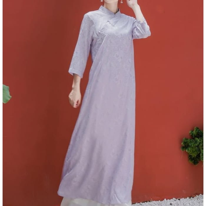 Traditional Chinese Long-Sleeve Print Maxi A-Line Dress