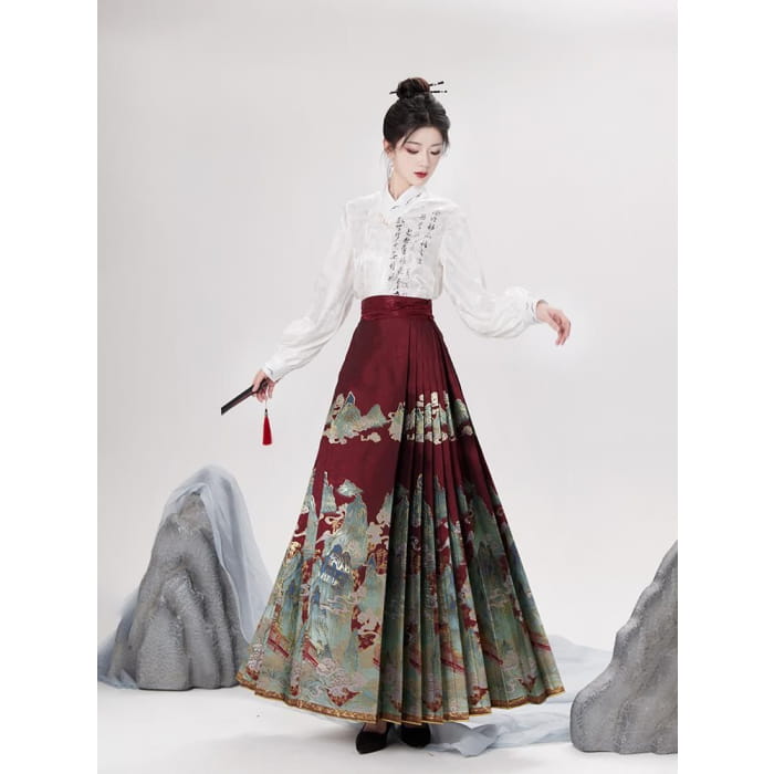 Traditional Chinese Long-Sleeve Print Shirt / High Waist