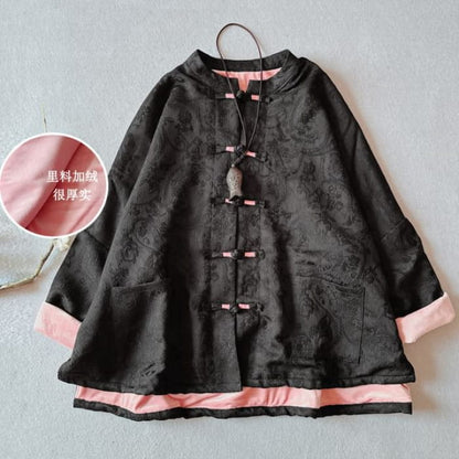 Traditional Chinese Print Frog Buttoned Jacket - Black