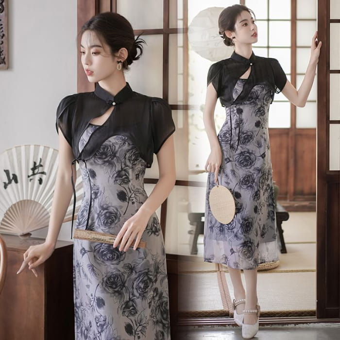 Traditional Chinese Set: Spaghetti Strap Scoop Neck Floral