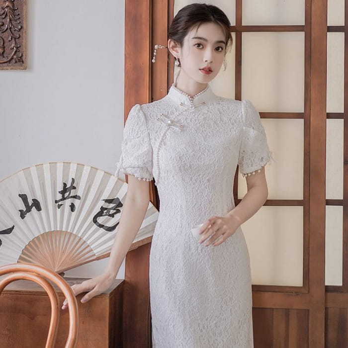 Traditional Chinese Short-Sleeve Plain Faux Pearl Fringed