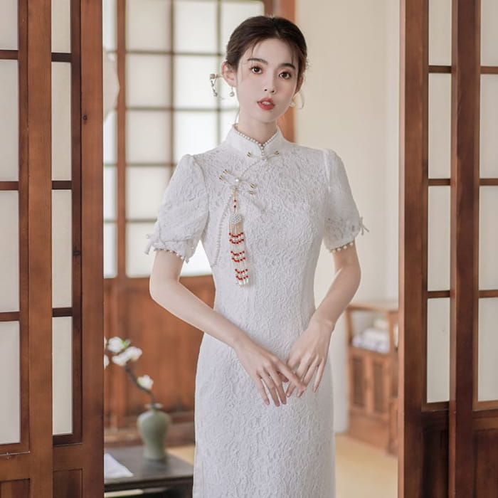 Traditional Chinese Short-Sleeve Plain Faux Pearl Fringed