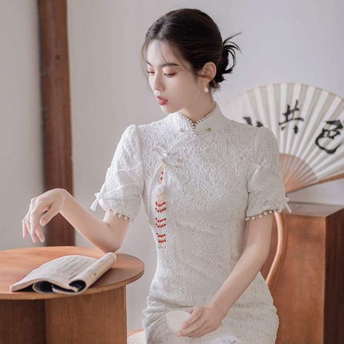 Traditional Chinese Short-Sleeve Plain Faux Pearl Fringed