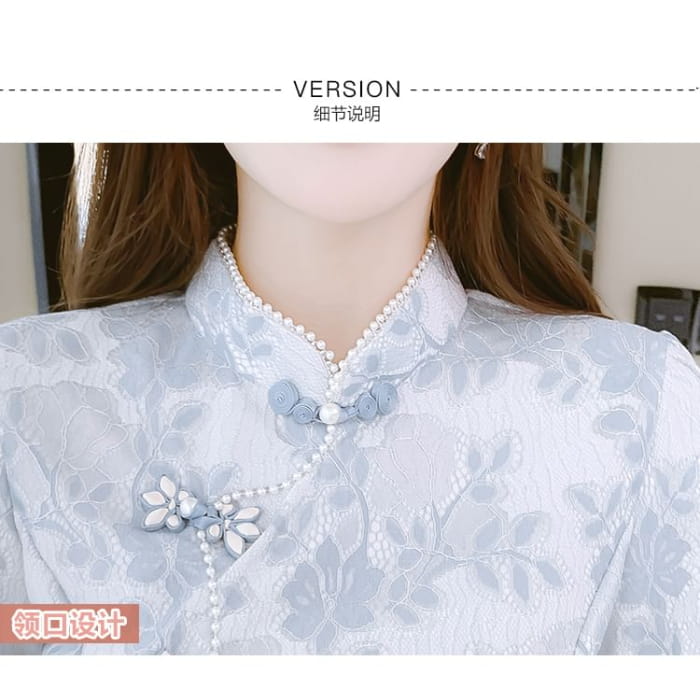 Traditional Chinese Short-Sleeve Stand Collar Faux Pearl