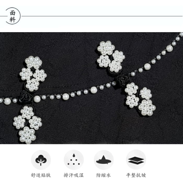 Traditional Chinese Short-Sleeve Stand Collar Faux Pearl