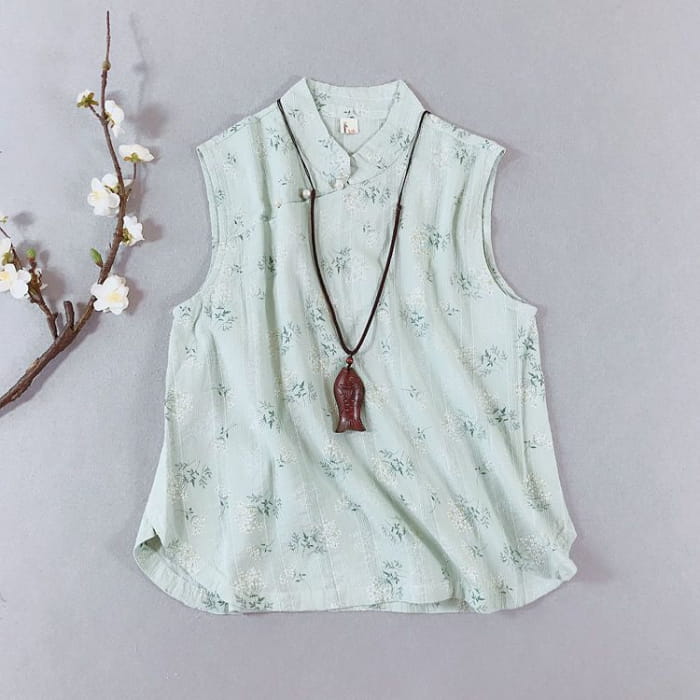 Traditional Chinese Sleeveless Floral Frog Buttoned Top