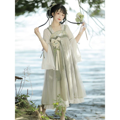 Traditional Chinese Wide-Sleeve Top / Sleeveless Mesh Dress