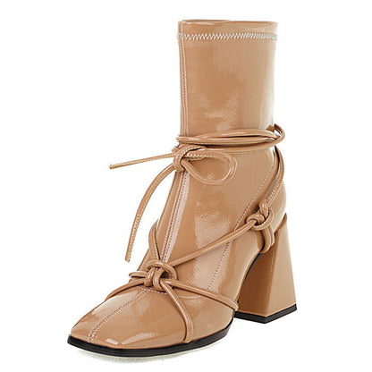 Trendy Square Heel Lace-Up Chic Ankle Boots - EU34 (US4.0)