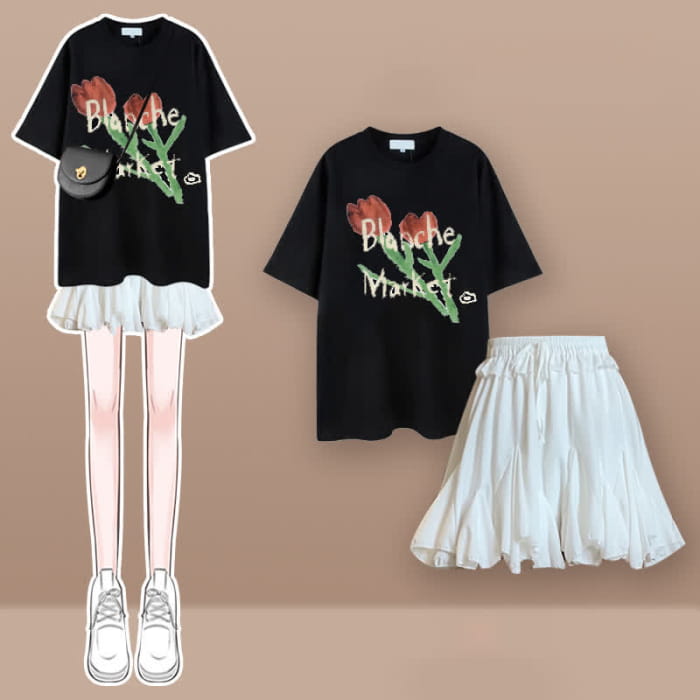 Tulip Cherry Blossom Print T-Shirt Pleated Skirt Set - C / M