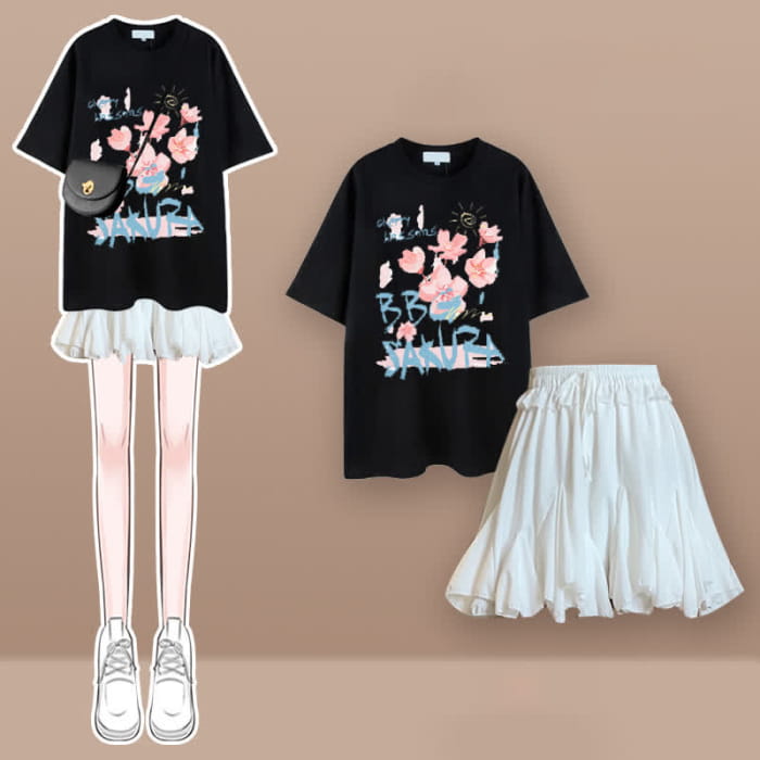 Tulip Cherry Blossom Print T-Shirt Pleated Skirt Set - D / M