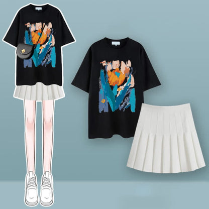 Tulip Cherry Blossom Print T-Shirt Pleated Skirt Set - E / M