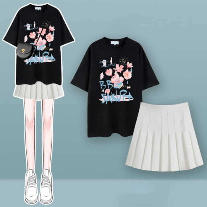 Tulip Cherry Blossom Print T-Shirt Pleated Skirt Set - F / M