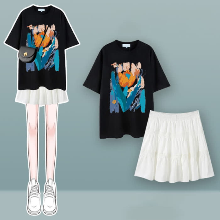 Tulip Cherry Blossom Print T-Shirt Pleated Skirt Set - G / M