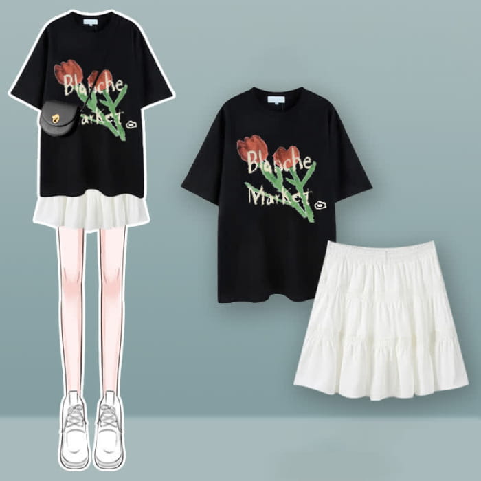 Tulip Cherry Blossom Print T-Shirt Pleated Skirt Set - H / M