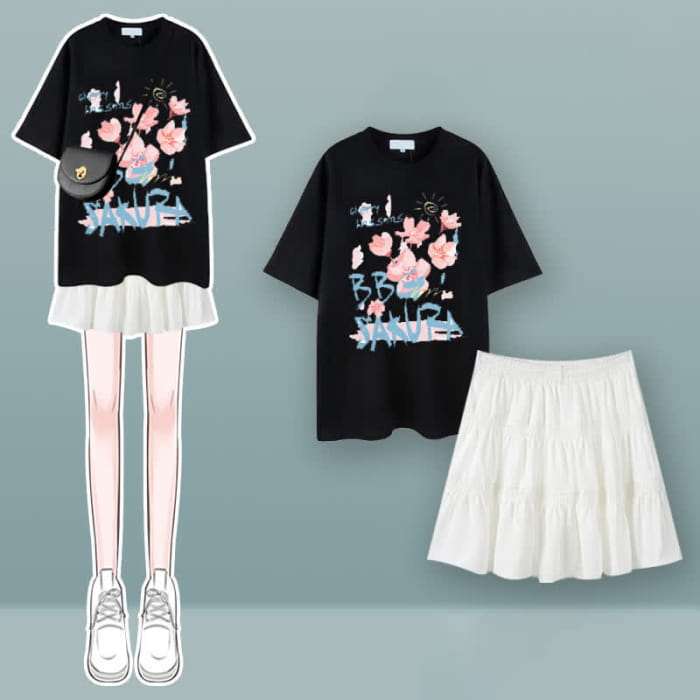 Tulip Cherry Blossom Print T-Shirt Pleated Skirt Set - I / M