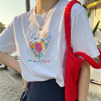 Tulip Embroidery Heart T-Shirt - T-Shirts