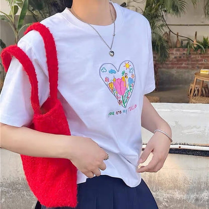 Tulip Embroidery Heart T-Shirt - T-Shirts