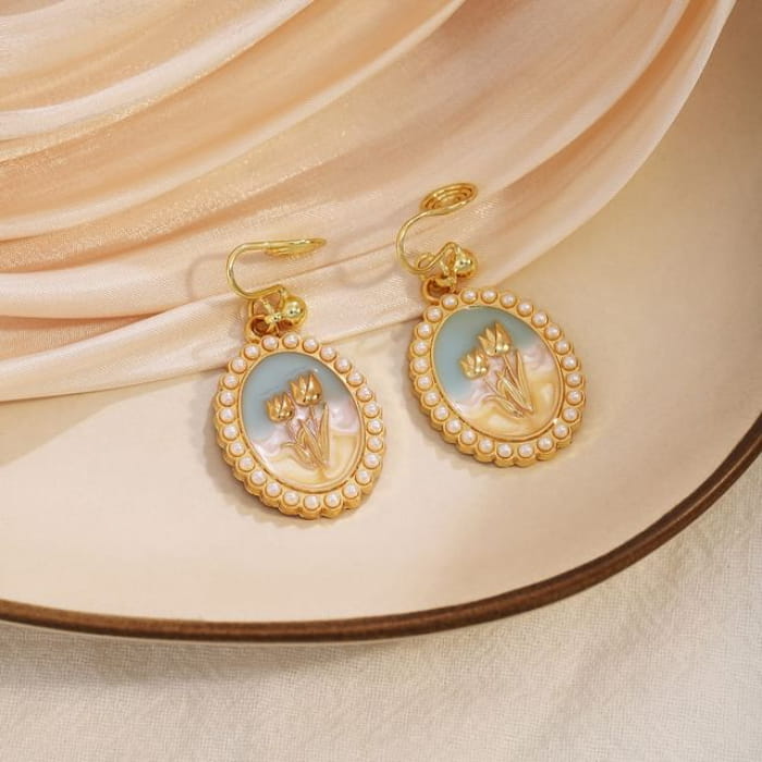 Tulip Faux Pearl Alloy Drop Earring - E6473 - 1 Pair - Gold