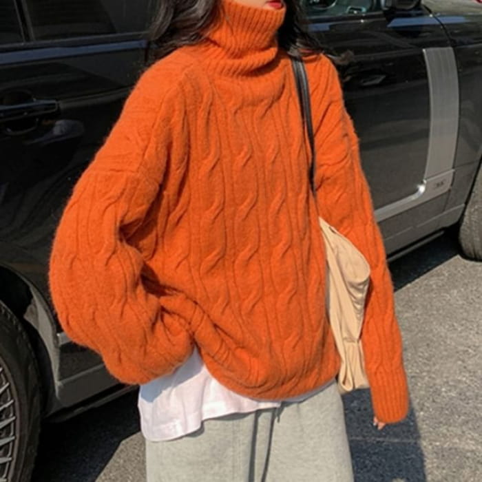 Turtleneck Cable-Knit Loose Sweater - Tangerine Red